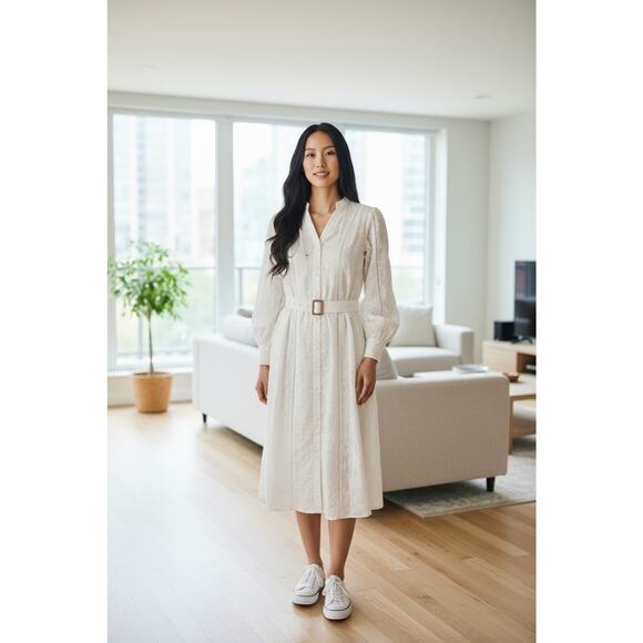 FRIEEAH White Embroidered Long Sleeve Belted Midi Dress Boho NWT - Picture 3 of 8